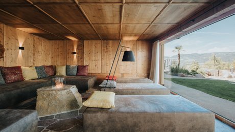 Immagini che emozionano: appartamenti Presulis a Fiè Soggiorno accogliente con pareti in legno, divani, camino in pietra e vista sul giardino