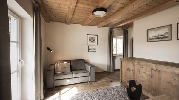 Gli articoli sul Presulis Hideaway Apartments & Restaurant Soggiorno accogliente con travi in legno, divano e mobili in legno