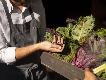 Seiser Alm Balance: active & healthy throughout spring Person in gray apron holding black beans over a crate of vegetables
