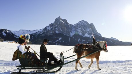 Immagini che emozionano: appartamenti Presulis a Fiè Slitta trainata da cavalli con persone in abiti tradizionali davanti a montagne innevate