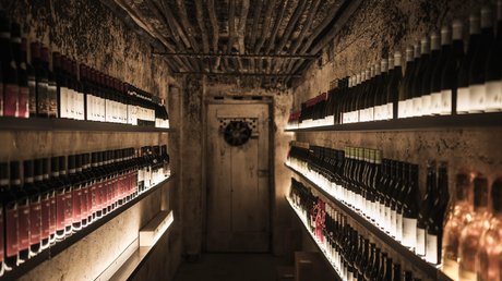 Immagini che emozionano: appartamenti Presulis a Fiè Cantina con scaffali pieni di bottiglie di vino e vecchia porta in legno